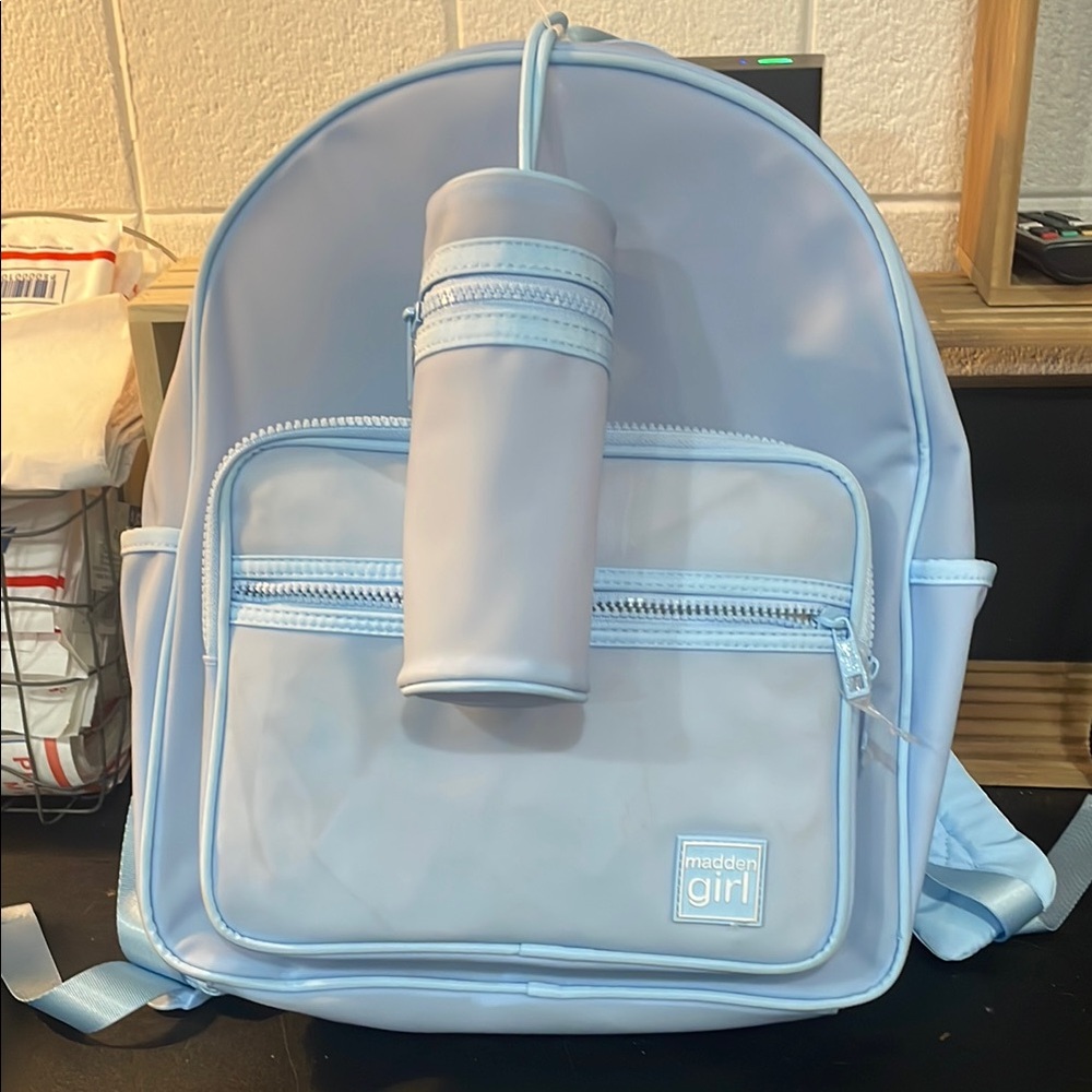 Madden Girl Light Blue Backpack with Bottle Holder - Picture 1 of 3